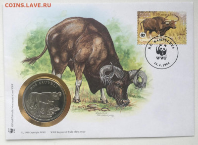 Крона Шайба медаль Жетон Купрей Бык Фонд дикой природы КПД - kpd_krona_shajba_medal_zheton_kuprej_byk_fond_dikoj_prirody_fauna_marka_kambodzha_wwf_pruf_zhivotnye