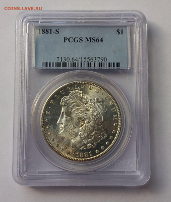США. 1 доллар Моргана 1881 S PCGS MS64. Серебро - 4