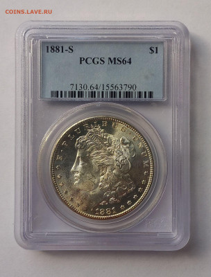 США. 1 доллар Моргана 1881 S PCGS MS64. Серебро - 3