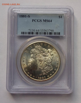 США. 1 доллар Моргана 1881 S PCGS MS64. Серебро - 2