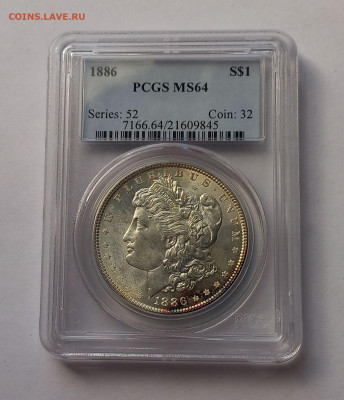 США. 1 доллар Моргана 1886 Р PCGS MS64. Серебро - 4