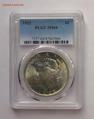 США. 1 доллар Мирный 1922 Р PCGS MS64. Серебро - 1