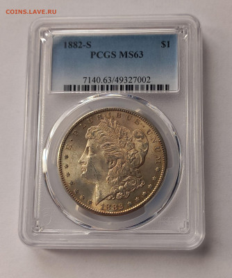 США. 1 доллар Моргана 1882 S PCGS MS63. Серебро - 4