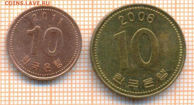 Южная Корея 10 вон 2006,2011 г., до 21.10.2024 г. в 22.00 п - Южная Корея 10 вон 2шт 15 178