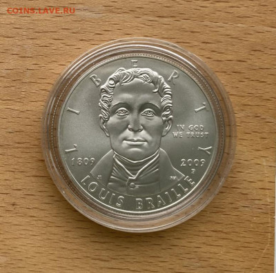США 1 доллар 2009 200 лет со дня рождения Луи Брайля UNC - ssha_1_dollar_2009_200_let_so_dnja_rozhdenija_lui_brajlja_unc_krona_shajba_serebro_kapsula