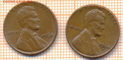 США 1 цент 1964 г. 2 двора, до 25.10.2024 г. в 22.00 по Моск - США 1 цент 1964 2шт 1421