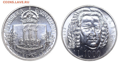 Сан-Марино. 1000 лир 1985 г. Бах. До 06.11.24. - Р2365