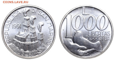 Сан-Марино. 1000 лир 1991 г. До 06.11.24. - Р2366