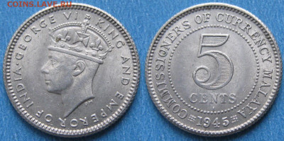 20 центов 1945 г. Малайя - Брит Малайя 5 центов 1945 I    190-ак16-4409