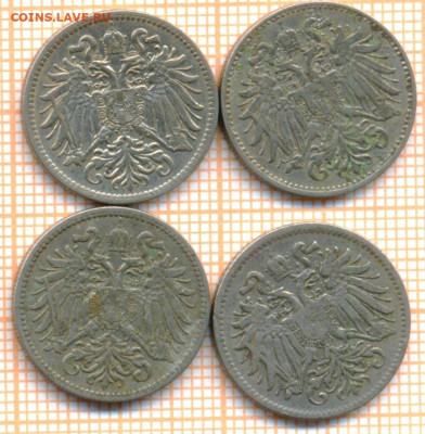 Австрия 10 геллеров 1893,94,95,1909 г., до 09.12.2024 г. в 2 - Австрия 10 гел 4шт 1784а