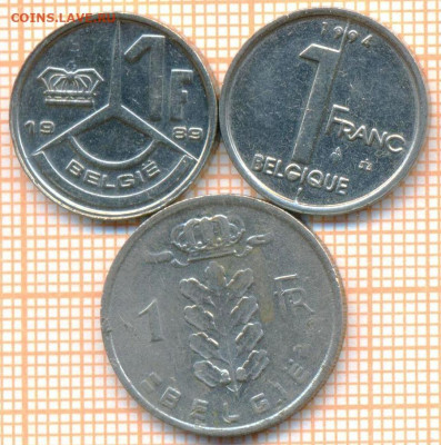 Бельгия 1 франк 1980,89,94 г., до 09.12.2024 г. в 22.00 по М - Бельгия 1 франк 3шт 1786а