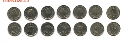 Монеты Нидерланды, 1-25 центов, 1950-80 г, 06.12.2024 22.00 - нидерланды 25 центов погодовка