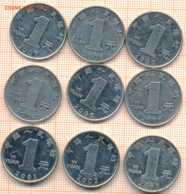 Китай 1 юань 2001 - 2018 г., фикс 20 руб - Китай 1юань 18шт  1869  1