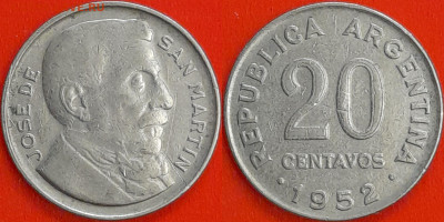 Аргентина  20 сентаво 1952 (мм-011) – до 22:00, 14.12.24 - 20-1952