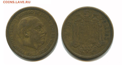Испания 2,5 песеты 1953(54), 13.12.2024 22.00 мск - испания 2 5 песеты 1953