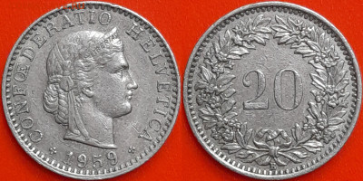 Швейцария, 20 раппенов, 1959 (мм-295) – до 22:00, 27.12.24 - мм295