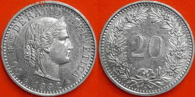 Швейцария, 20 раппенов, 1992 (мм-304) – до 22:00, 27.12.24 - мм304