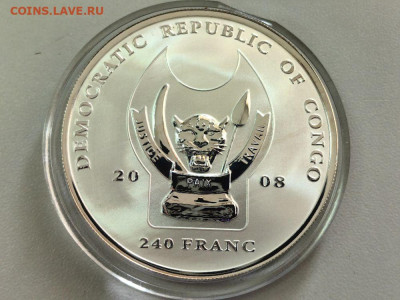 Конго 240 франков 2008 Носорог Ag999, до 30.12 - Ю Афр.5-ка Носорог-2