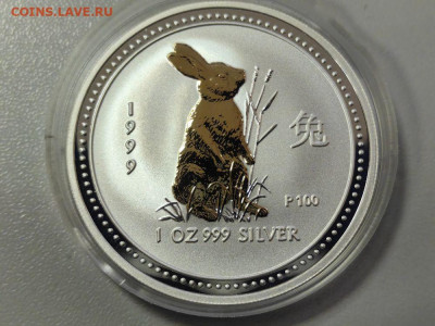 1дол 1999 Австралия, Кролик Лунар1, позолота,Ag999, до 02.01 - Ю Кролик позолота-1