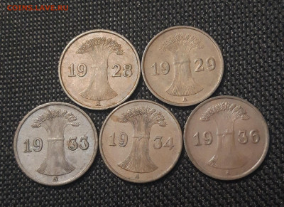 ГЕРМАНИЯ 1 пфенниг 1928 - 1936 гг. 5 штук До 06.01 - 20241228_233350