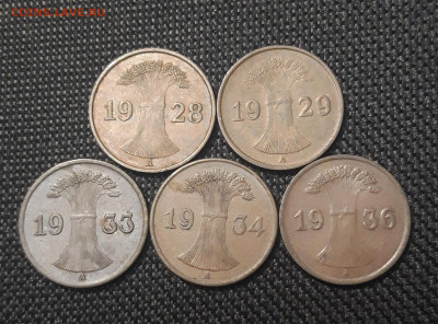ГЕРМАНИЯ 1 пфенниг 1928 - 1936 гг. 5 штук До 06.01 - 20241228_233343