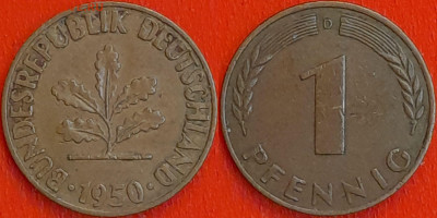 Германия – ФРГ, 1 пфенниг, 1950–D, (941) до 22:00  22.01.25 - 941