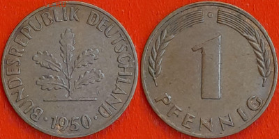 Германия – ФРГ, 1 пфенниг, 1950–G, (943) до 22:00  22.01.25 - 943