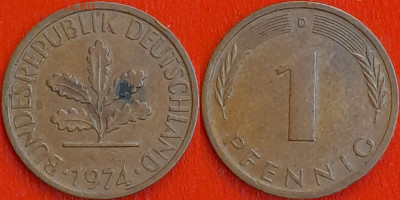 Германия – ФРГ, 1 пфенниг, 1974–D, (945) до 22:00  22.01.25 - 945