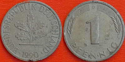 Германия – ФРГ, 1 пфенниг, 1990–D, (958) до 22:00  22.01.25 - 958