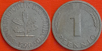 Германия – ФРГ, 1 пфенниг, 1990–F, (959) до 22:00  22.01.25 - 959