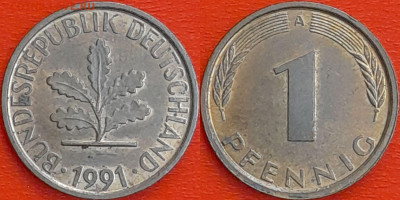 Германия – ФРГ, 1 пфенниг, 1991–A, (961) до 22:00  22.01.25 - 961