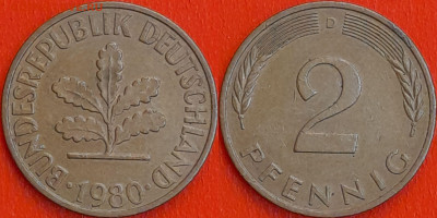Германия – ФРГ, 2 пфеннига, 1980–D, (965) до 22:00  22.01.25 - 965