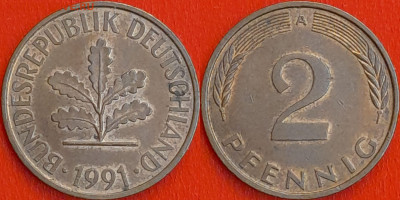 Германия – ФРГ, 1 пфенниг, 1991–A, (968) до 22:00  22.01.25 - 968