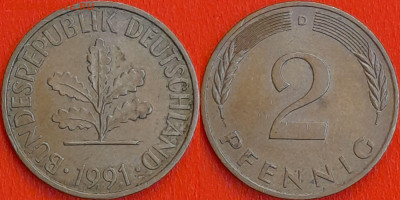 Германия – ФРГ, 2 пфеннига, 1991–D, (969) до 22:00  22.01.25 - 969