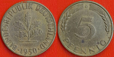 Германия – ФРГ, 5 пфеннигов,1950–G, (971) до 22:00  22.01.25 - 971