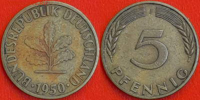 Германия – ФРГ, 5 пфеннигов,1950–J, (972) до 22:00  22.01.25 - 972