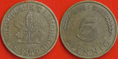 Германия – ФРГ, 5 пфеннигов, 1989–D,(977) до 22:00  22.01.25 - 977