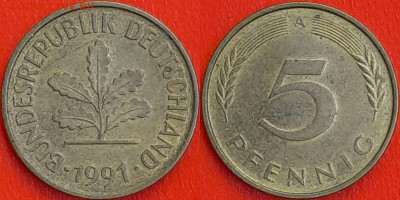 Германия – ФРГ, 5 пфеннигов,1991–A, (979) до 22:00 22.01.25 - 979