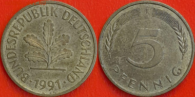 Германия – ФРГ, 5 пфеннигов,1991–J, (982) до 22:00  22.01.25 - 982