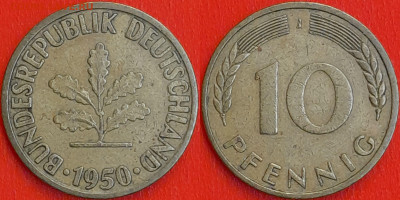 Германия – ФРГ, 10 пфеннигов,1950–J, (984) до 22:00 22.01.25 - 984