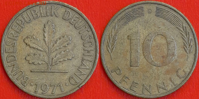 Германия – ФРГ, 10 пфеннигов,1971–D, (985) до 22:00 22.01.25 - 985