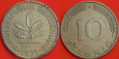 Германия – ФРГ, 10 пфеннигов,1971–J, (986) до 22:00 22.01.25 - 986