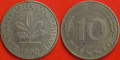 Германия – ФРГ, 10 пфеннигов,1990–F, (994) до 22:00 22.01.25 - 994