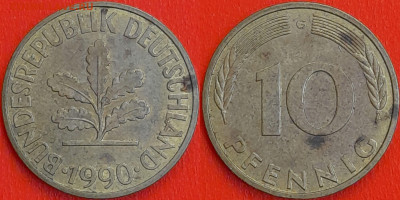 Германия – ФРГ, 10 пфеннигов,1990–G, (995) до 22:00 22.01.25 - 995