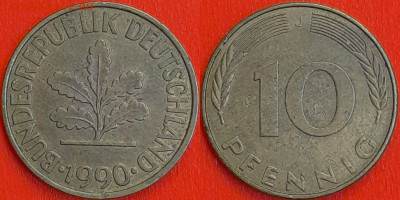 Германия – ФРГ, 10 пфеннигов,1990–J, (996) до 22:00 22.01.25 - 996