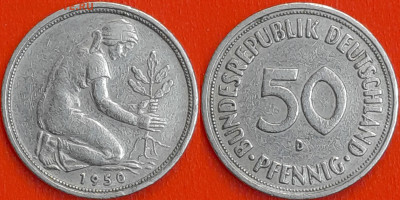 Германия – ФРГ, 50 пфеннигов 1950–D,(999) до 22:00 22.01.25 - 999