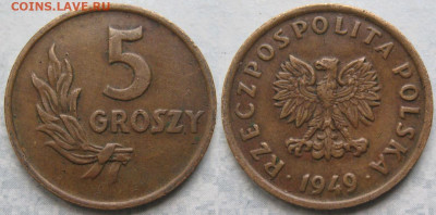 Польша 5 грошей 1949 Br до 29-01-25 в 22:00 - 14.102. -Польша 5 грошей 1949 Br     190-раз4-11112