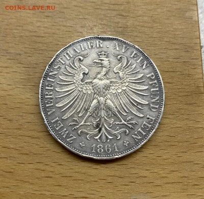 Франкфурт 2 талера 1861 Германская Империя Германия Серебро - frankfurt_2_talera_1861_germanskaja_imperija_germanija_serebro_krona_shajba_redkost_dvojnoj_sojuznyj_rrr (3)