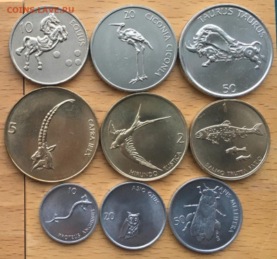 Набор монет Словения 9 шт. 1 2 5 10 20 50 стотинов толаров - nabor_monet_slovenija_9_sht_1_2_5_10_20_50_stotinov_tolarov_fauna_zhivotnye_ptica_ryba_nasekomye_1992