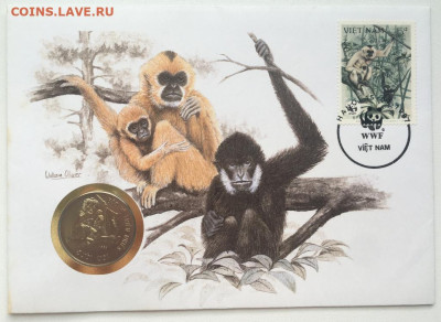 КПД Вьетнам 10 донгов 1990 Хохлатый гиббон животные фауна - kpd_vetnam_10_dongov_1990_khokhlatyj_gibbon_zhivotnye_fauna_priroda_konvert_pervogo_dnja_marki